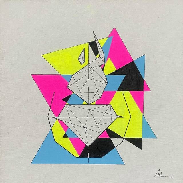 Pintura geométrica en tonos CMY sobre lienzo
