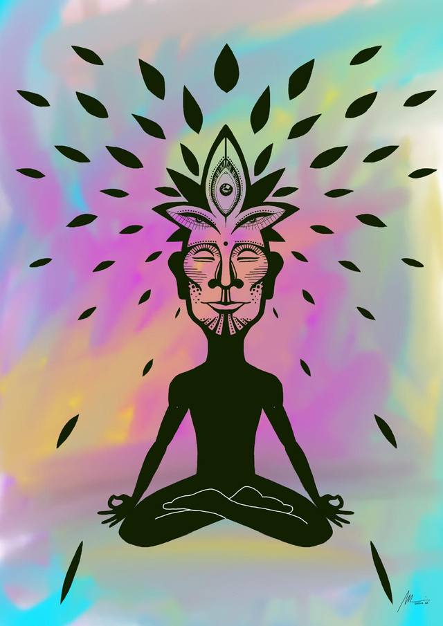 Figura en meditación con máscara ritual sobre fondo holográfico