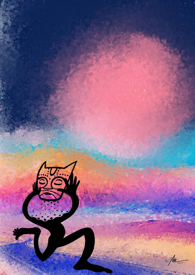 Figura con máscara felina sobre fondo cósmico