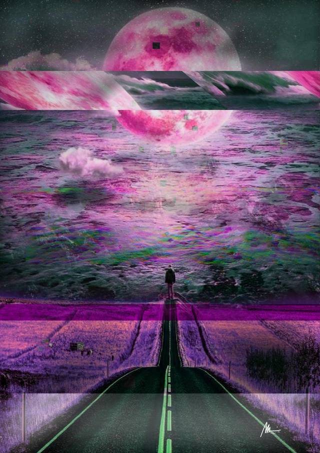 Camino hacia una luna rosa sobre el mar