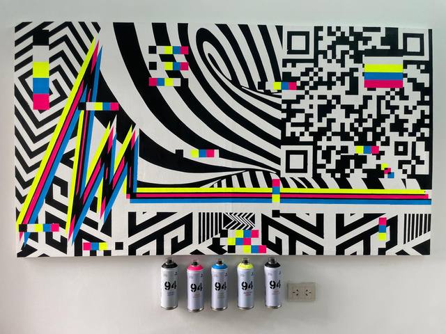 Obra en técnica mixta sobre lienzo con spray y acrílico — foto de proceso en el taller