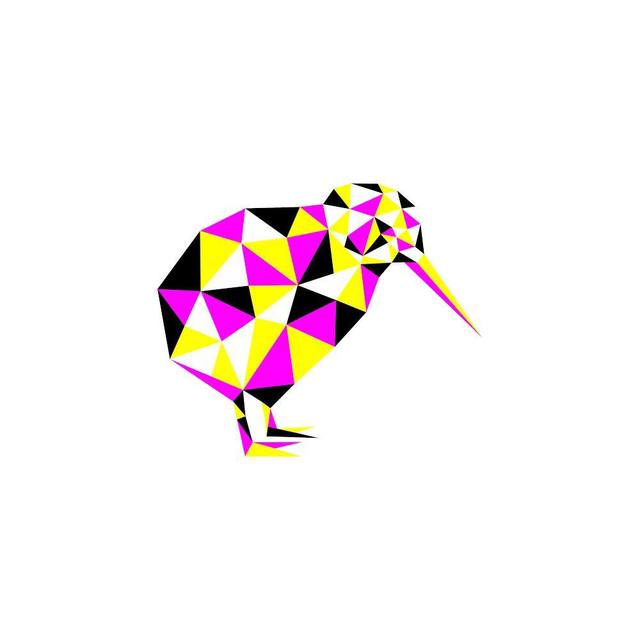 Kiwi geométrico a color sobre fondo negro