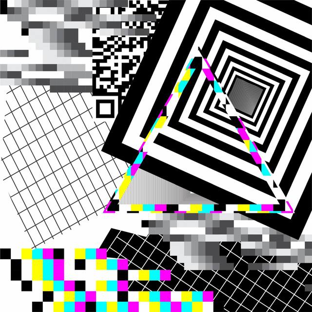 Collage glitch con código QR y barras de color CMYK
