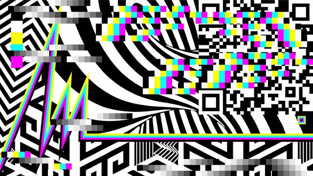Composición glitch en blanco y negro con marcas de registro