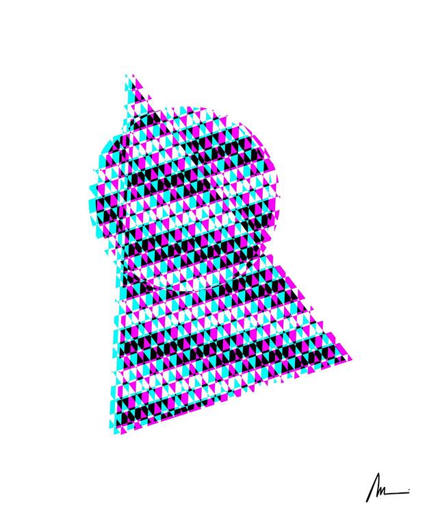 Forma geométrica glitch en cian y magenta